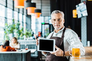 senior owner in apron holding digital tablet with blank screen in pub with glass of beer