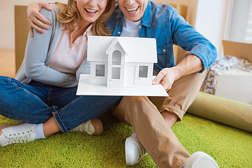 selective focus happy couple holding house model while sitting on green carpet