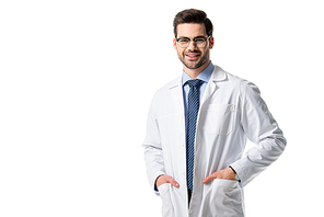 Smiling doctor wearing white coat isolated on white