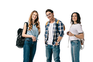 smiling multicultural students  isolated on white