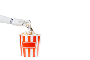 cropped shot of robot taking popcorn out of bucket isolated on white