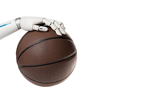 cropped shot of robot with basketball ball isolated on white