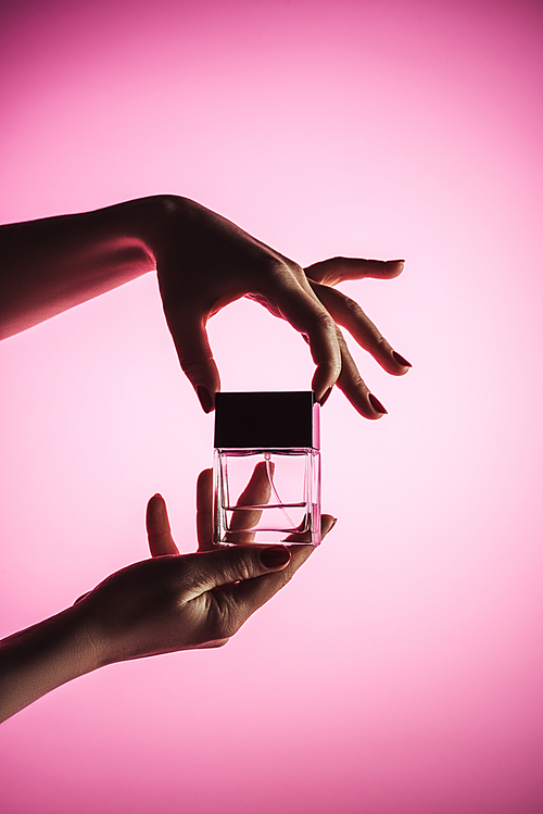 cropped view of female hands with perfume, isolated on pink