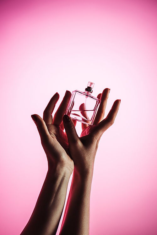 cropped view of woman holding perfume bottle, isolated on pink