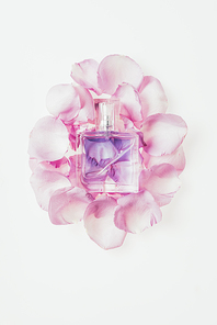 top view of bottle of perfume on pile of pink petals on white