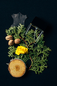 top view of bottle of perfume on coniferous branches on black