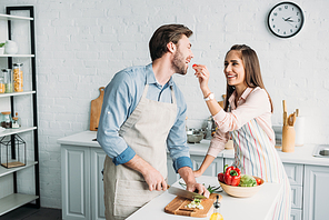 boyfriend cutting vegetables and girlfriend feeding him with tomato in kitchen