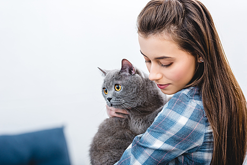 attractive young woman holding adorable british shorthair cat