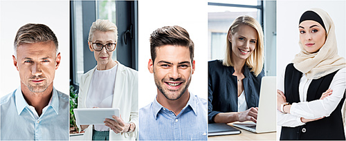 collage of portraits handsome men on white background and different age businesswomen using gadgets at workplace in office