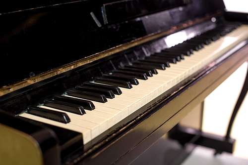 horizontal close up view of piano keyboard