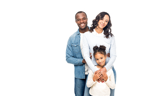 beautiful happy african american family smiling at camera isolated on white