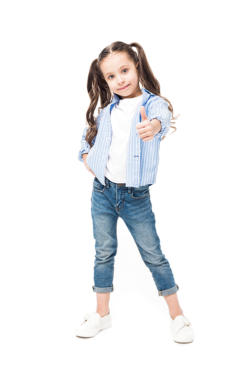 cute child showing thumb up isolated on white