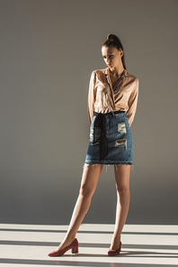 beautiful stylish girl posing in blouse and denim skirt