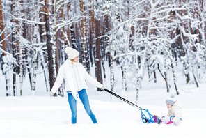 young mother and little girl sledging in winter forest together