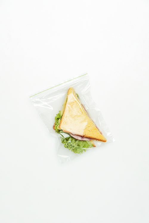 top view of sandwich in polythene ziplock bag isolated on white