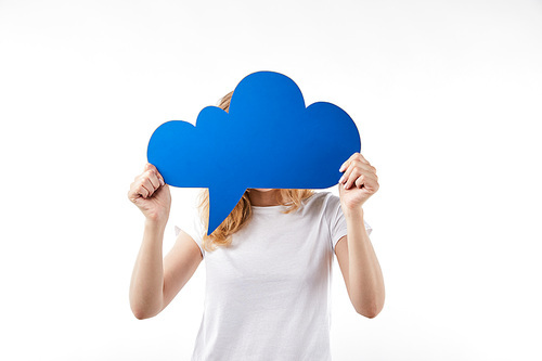 woman with blue thought bubble in hands standing isolated on white