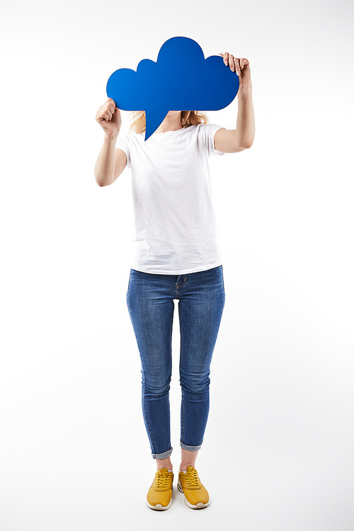 woman with blue thought bubble in hands standing isolated on white