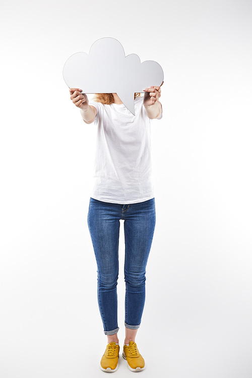 cropped view of woman with thought bubble in hands standing isolated on white