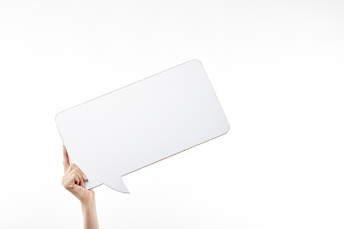 cropped view of woman with speech bubble in hand isolated on white