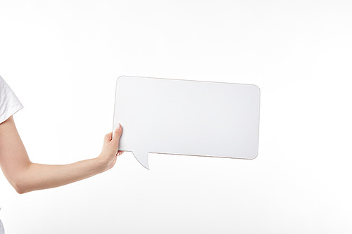 cropped view of woman with speech bubble in hand isolated on white