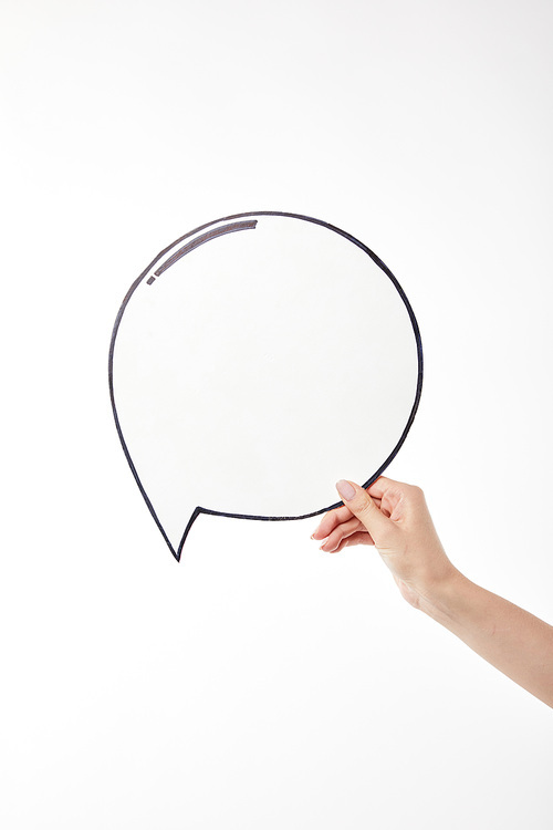 cropped view of woman with thought bubble in hand isolated on white