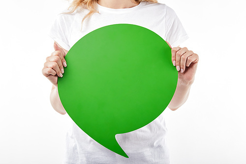cropped view of woman with green thought bubble in hands isolated on white