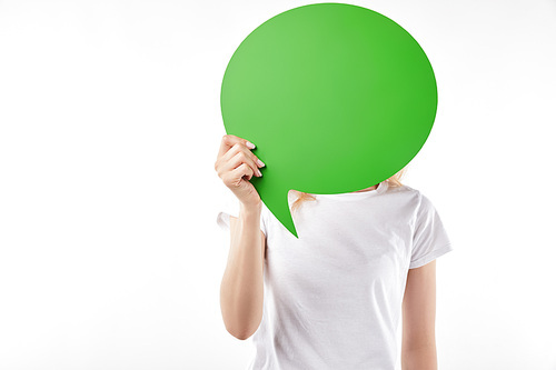 cropped view of woman with green thought bubble in hands isolated on white