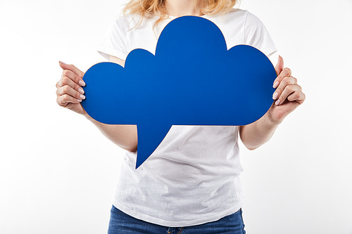 cropped view of woman with blue thought bubble in hands isolated on white