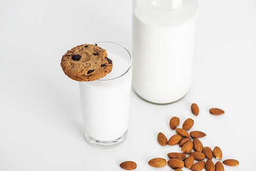 organic almond milk in bottle and glass with chocolate cookie