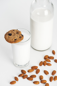 organic almond milk in bottle and glass with chocolate cookie and scattered almonds