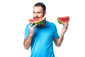 man eating watermelon and  isolated on white