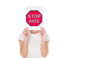woman covering head with stop aids banner isolated on white