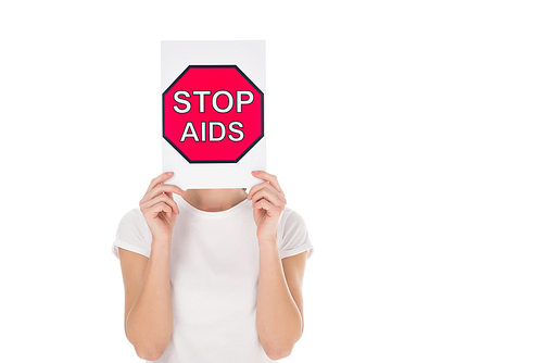 woman covering head with stop aids banner isolated on white