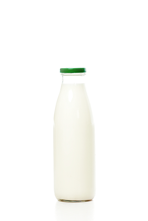 close-up view of bottle with fresh organic milk isolated on white