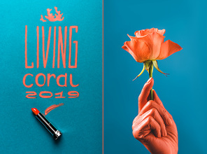 color of year 2019 handwritten lettering with coral lipstick, and partial view of coral colored female hand with coral rose on blue divided background