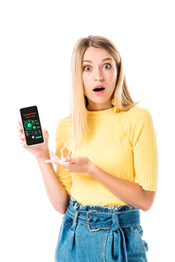 shocked young woman holding smartphone with marketing analysis application on screen and  isolated on white