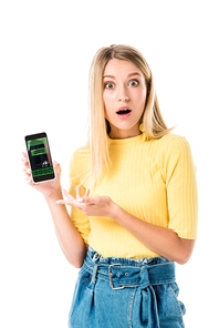 shocked young woman holding smartphone with booking application on screen and  isolated on white