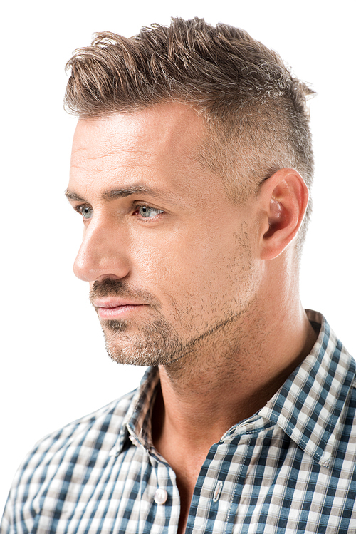 close up portrait of pensive adult man looking away isolated on white