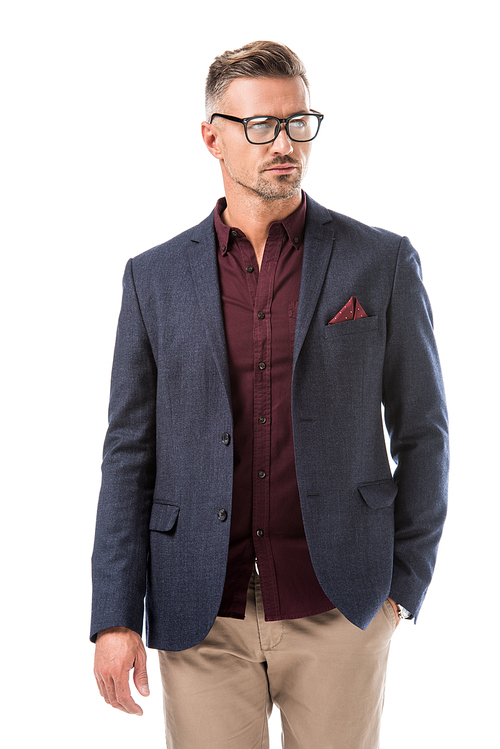 confident stylish man in eyeglasses and jacket looking away isolated on white