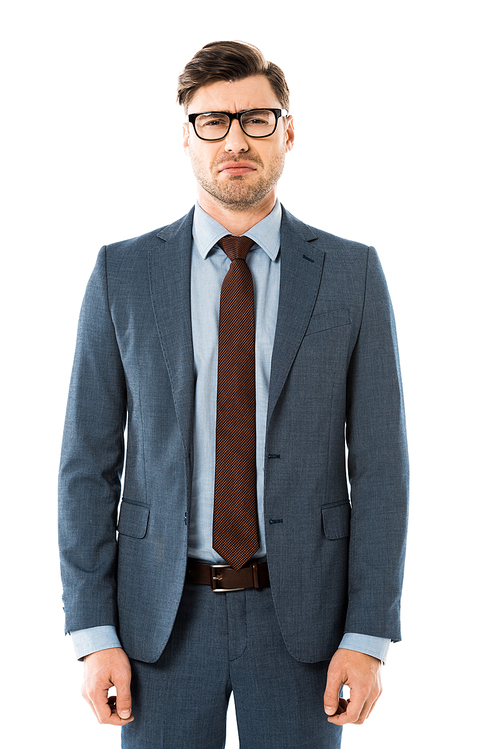 adult businessman with sad face expression standing isolated on white