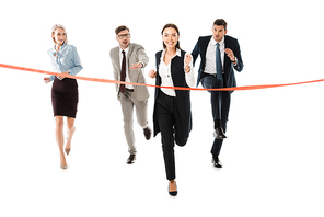 competitive businesspeople running to finishing line isolated on white