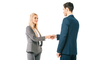 successful businesspeople shaking hands and making deal isolated on white