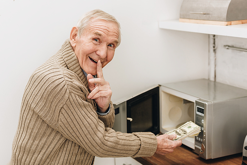 cheerful senior man placing finger on lips to say hush while putting money in microwave oven