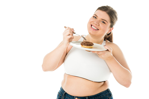 smiling overweight woman holding sweet doughnut on plate isolated on white, body positivity concept