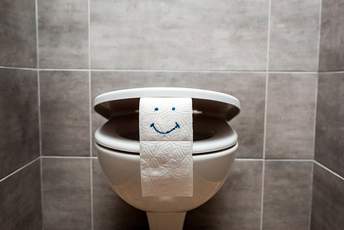 ceramic clean toilet bowl and toilet paper with smiley face in modern restroom