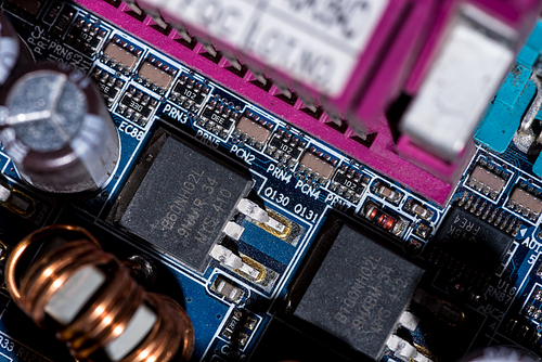 selective focus of various details of computer motherboard