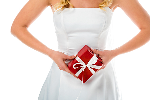 cropped view of bride holding red gift box isolated on white