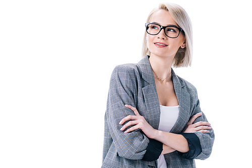 happy businesswoman in eyeglasses with crossed arms, isolated on white