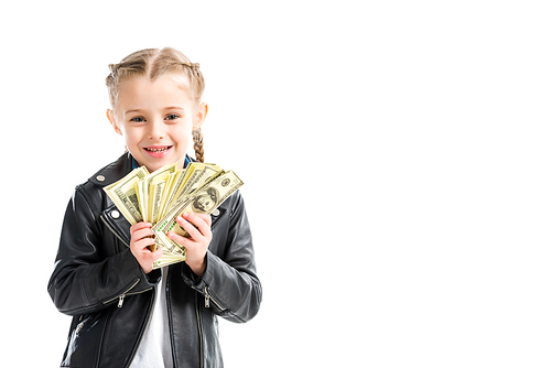 Portrait of excited child in leather jacket holding banknotes isolated on white