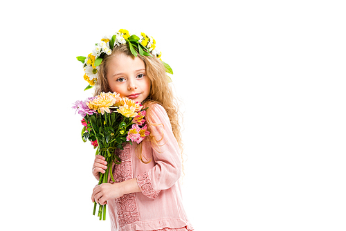 Portrait of kid wearing wreath band and holding bouquet of flowers isolated on white